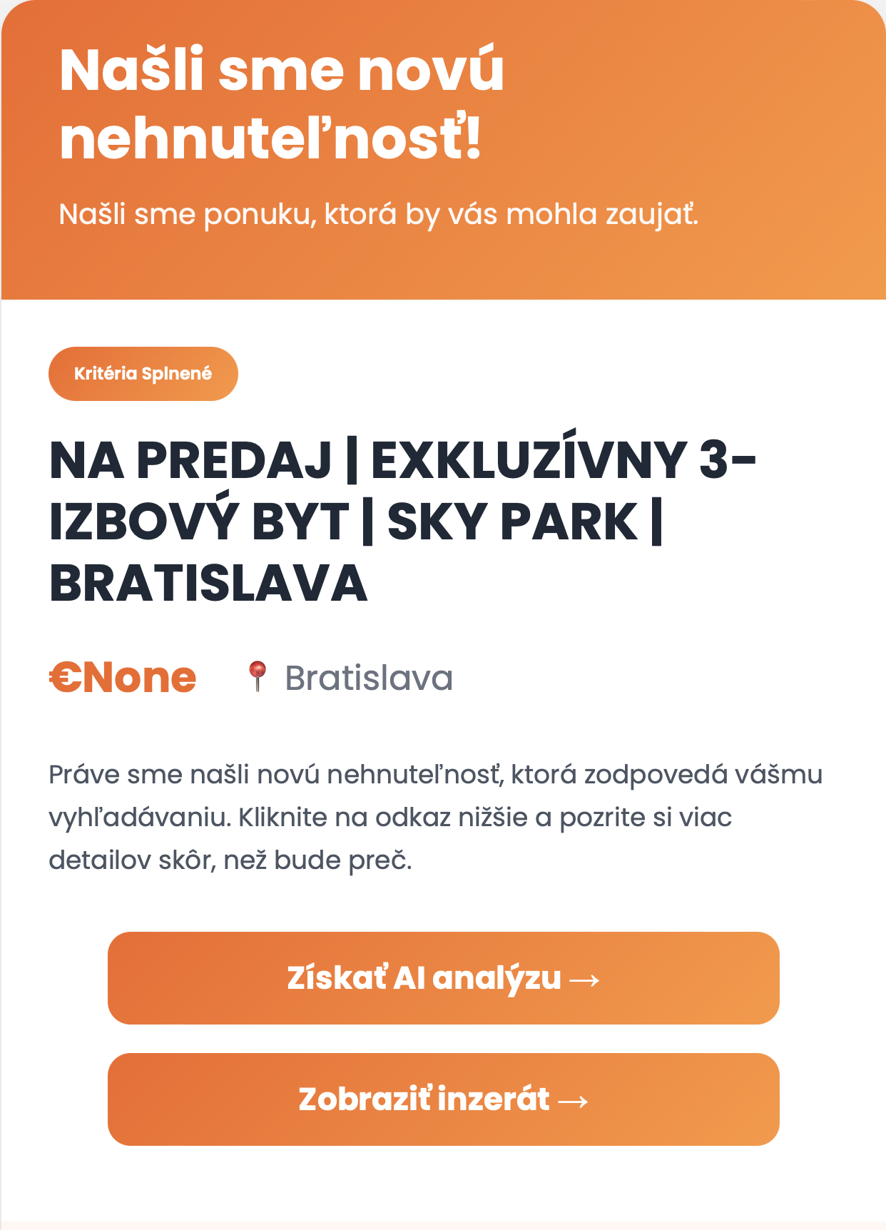 Ukážka upozornenia Bytiq na vhodnú nehnuteľnosť